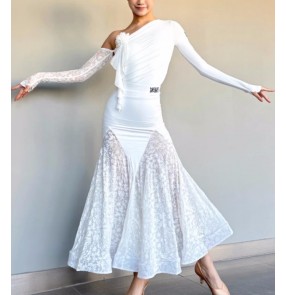 Women girls white lace slant neck ballroom dance dresses long sleeves tango waltz rhythm smooth dance long gown for female